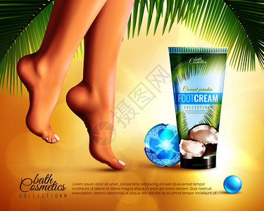 椰子产品广告海报与现实的女脚护理奶油与椰子沙色背景矢量插图脚护理广告海报插画