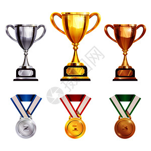 锦标赛世界杯体育比赛冠奖杯奖章等都了现实的孤立矢量插图颁发奖杯奖牌写实套背景图片