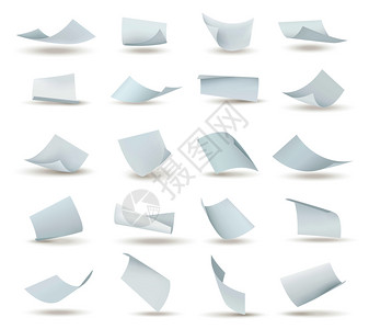 白色a4纸逼真的纸套飞行空白白纸与弯曲角孤立矢量插图现实的纸集插画