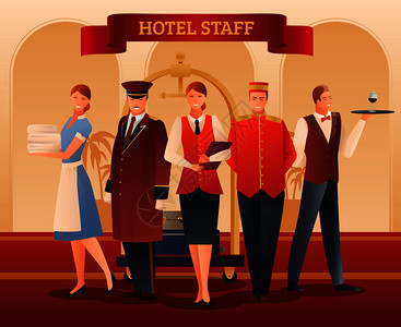 酒店员工证酒店微笑员工平梯度成与管理员,搬运工,服务员,门卫女佣矢量插图酒店员工平成插画