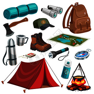 登山工具野营侦察图像用的夏季旅行设备工具规定营火帐篷矢量插图野营侦察元素插画