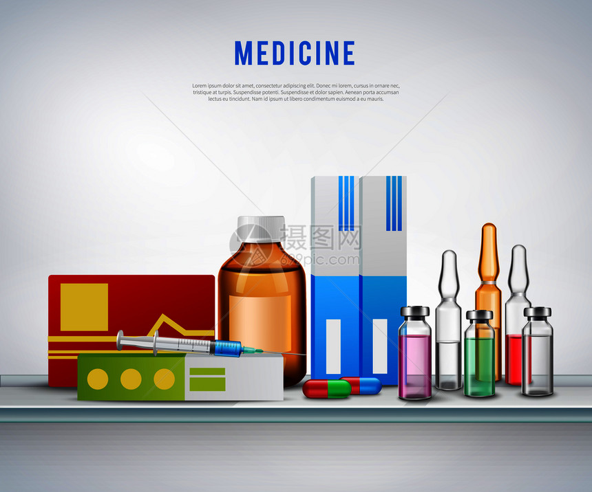 药物成与现实的医疗用品,小瓶药丸混合物包装璃架子上与文本矢量插图现实的药物制剂背景图片