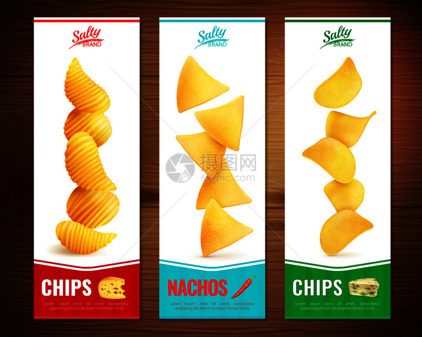 三个咸小吃垂直横幅与现实的图像奶酪薯片与文本矢量插图咸薯片垂直横幅图片