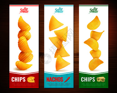 三个咸小吃垂直横幅与现实的图像奶酪薯片与文本矢量插图咸薯片垂直横幅图片