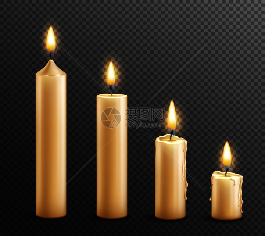 燃烧蜡蜡烛的现实4高法律安排黑暗透明的背景矢量插图燃烧蜡烛真实透明的背景图片
