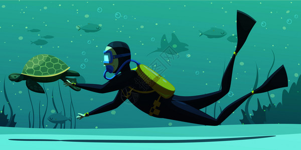 潜水鳍状肢水下游泳与水肺潜水设备,潜水罩,鳍,扁平海报与海龟矢量插图水下潜水运动卡通海报插画