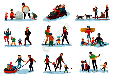 冬季娱乐活动家庭雪球滑雪雪橇狗符号平孤立矢量插图冬季娱乐活动场图片