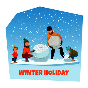 寒假海报与雪人家庭符号平矢量插图寒假插图图片