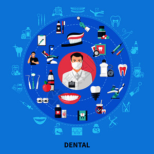 牙科圆形与口腔设备牙膏支架牙线白色微笑平图标矢量插图牙科圆形理念图片