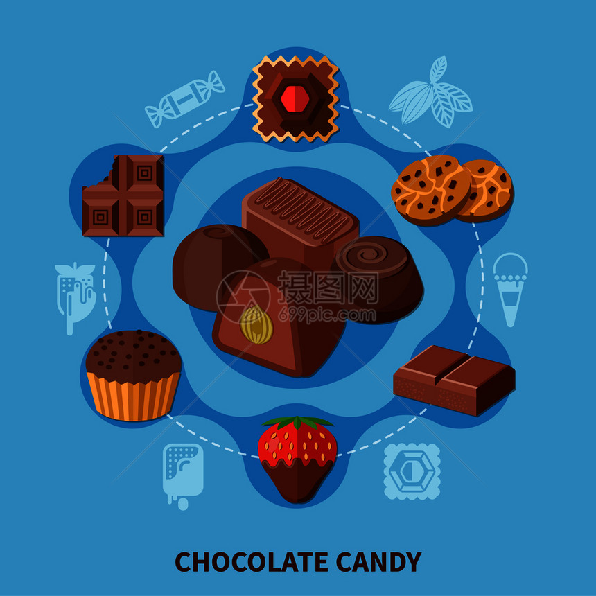 平圆形构图与巧克力棒,各种形状的糖果,饼干蓝色背景矢量插图巧克力糖果平构图图片
