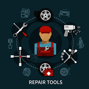 轮胎服务与汽车备件各种工具,以修复扁平矢量插图轮胎服务理念背景图片