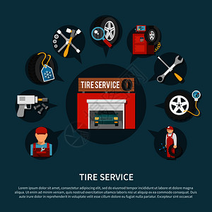 用于修理车辆各种汽车部件的轮胎服务工具平矢量图轮胎服务理念插画