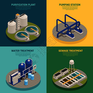 污水处理设施水清洗系统4等距图标正方形与净化厂污水处理背景隔离矢量插图废水净化等距图标正方形插画