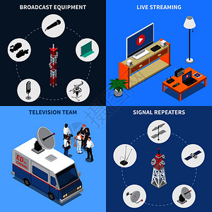 彩色等距2x2电信图标与各种广播设备电视队电子设备三维孤立矢量插图电信2x2图标插画