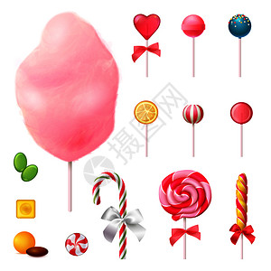 棉花糖元素糖果套现实的图标与装饰棒棒糖,棉花糖棍子上,彩色卡莱尔矢量插图糖果现实图标插画