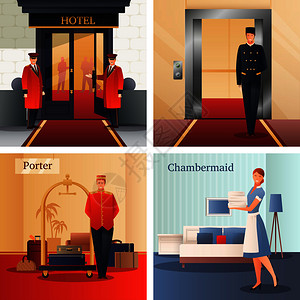 酒店员工平梯度理念与门卫,电梯操作员,搬运工与行李,女佣隔离矢量插图酒店员工理念背景图片
