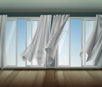 飘动的窗帘打开窗户,白色框架轻巧的透明窗帘风中翻滚,木制地板矢量插图滚滚的窗帘打开窗户插图插画