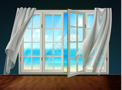 光滑的大海房间可以敞开的窗户看大海,飘动的窗帘挂檐口三维矢量插图上用飘动的窗帘打开窗户插画