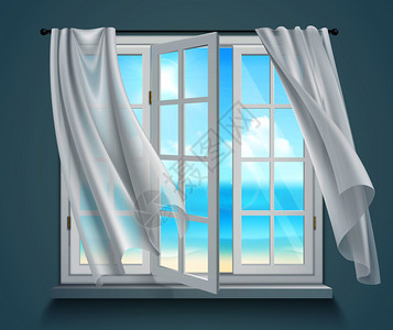 飘动的窗帘打开窗户,用滚滚的白色窗帘,蓝色灰色背景的三维矢量插图上观看大海窗户上滚滚的白色窗帘插画