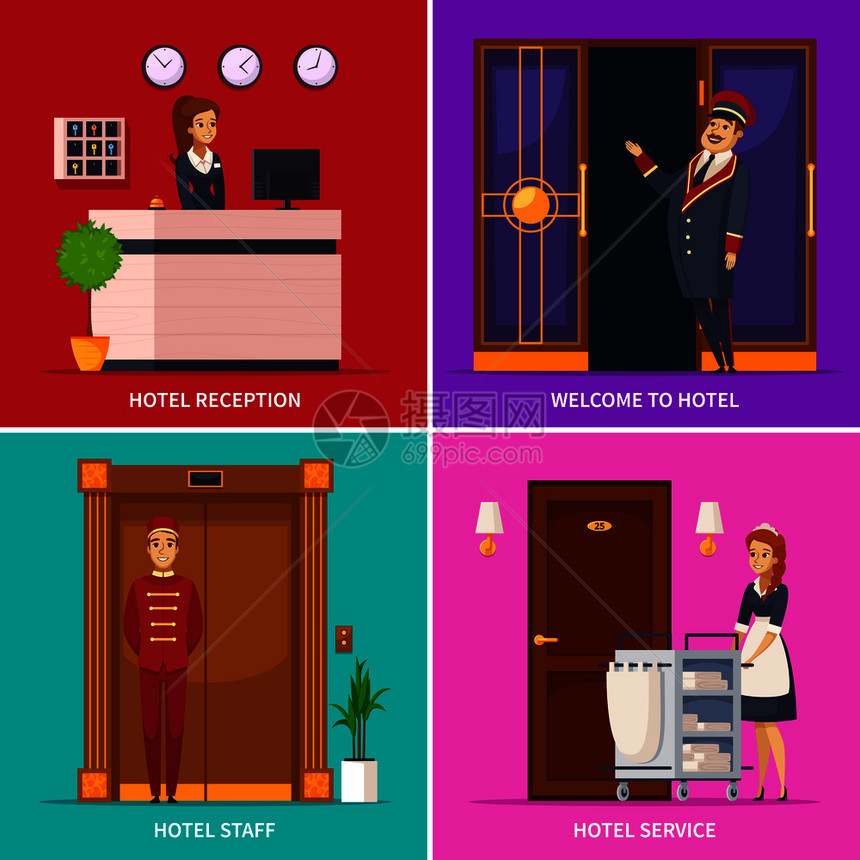 酒店服务2x2集的方形图标与门卫接待员,女仆,侍者,卡通人物矢量插图酒店员工2x2理念图片
