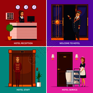 酒店行业酒店服务2x2集的方形图标与门卫接待员,女仆,侍者,卡通人物矢量插图酒店员工2x2理念插画