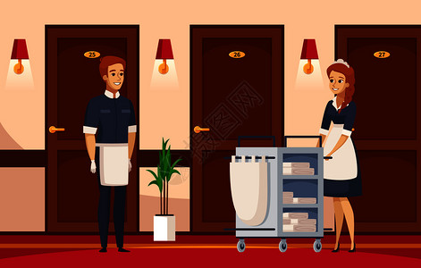 酒店员工卡通构图与清洁工女佣事服务职责矢量插图酒店员工卡通构图图片