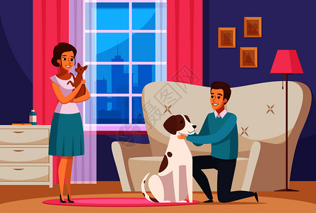炮口幸福的家庭夫妇与大狗小狗家庭内部卡通构图矢量插图家庭夫妇带着宠物家插画
