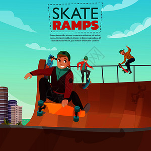 滑板坡道卡通海报与青少骑滑板城市运动场矢量插图滑板坡道卡通插图图片