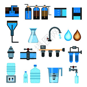 水过滤成套平图标与工业处理系统,家用水壶与墨盒隔离矢量插图水过滤平图标背景图片