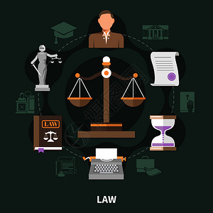 法律圆形构图法律制度,复古风格相关的图标简短的案例剪影象形文字矢量插图正义轮成的规模插画