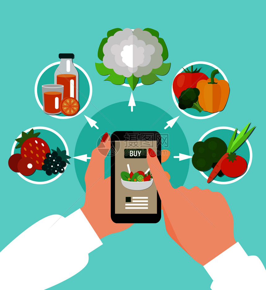 健康饮食彩色与圆形图标集结合智能手机周围的女手矢量插图健康饮食的色观念图片