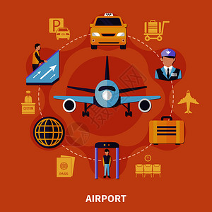 机场与飞机行李出租车乘务员橙色背景平矢量插图机场平背景图片