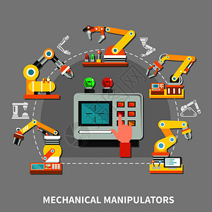 手工业机器人手臂成与黄色技术设备工厂为同的需要矢量插图机器人手臂成插画