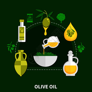 橄榄油各种包装,碗与沙拉平成绿色背景矢量插图橄榄油平合物图片