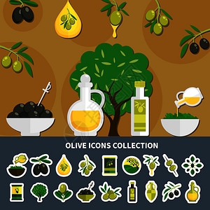 绿色黑色橄榄图标收集,包括树树枝,罐头产品,油瓶隔离矢量插图橄榄图标集合图片
