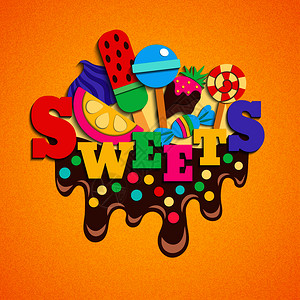 时髦的甜点,糖果,棒棒糖,快餐最爱,美味的彩色成分,融化的巧克力软糖霜矢量插图糖果快餐时尚多彩的构图背景图片
