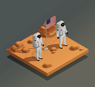 宇航员脚印美国太空探索任务等距成与宇航员太空服行星表与矢量插图美国宇航员等距成插画