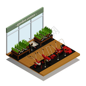 犁沟花园中心轻植物农业设备销售等距成与割草机手推车矢量插图花园中心设备销售等距成插画