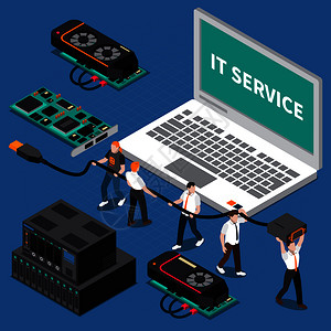 电脑usb充电等距微型与信息技术服务人员蓝色背景三维矢量插图工作等距的IT人的插画