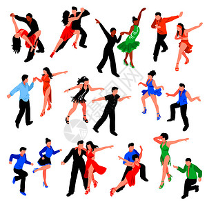 拉丁舞萨尔萨,伦巴,桑巴孤立矢量插图期间,穿着明亮服装的等距人群舞蹈等距的人背景图片