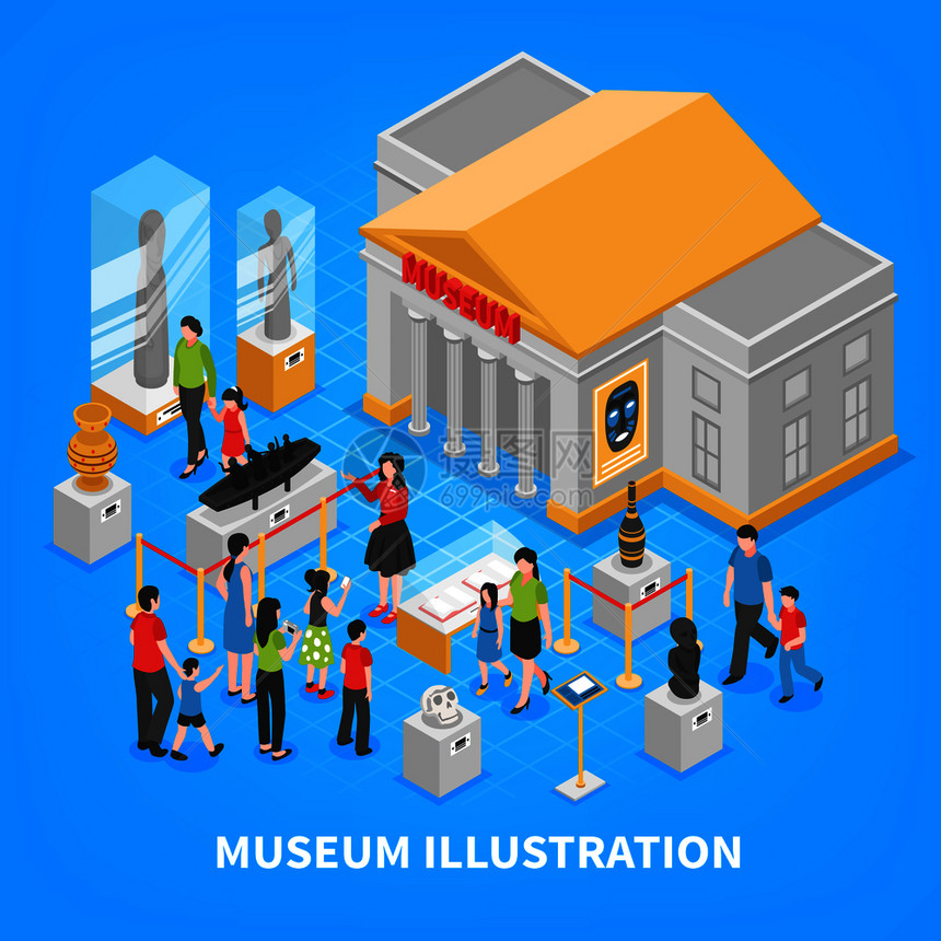 博物馆等距构图与建筑外,历史博览会,游客成人儿童蓝色背景矢量插图博物馆等距构图图片