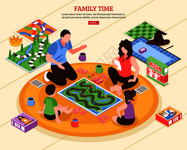 玩骰子家庭娱乐活动场景,父母孩子地板等距矢量插图上玩棋盘游戏棋盘游戏家庭等距插图插画