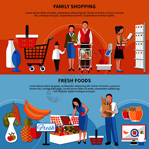 一家人超市购物套水平横幅与家庭购物,新鲜食品隔离橙色蓝色背景矢量插图家庭购物新鲜食品横幅插画