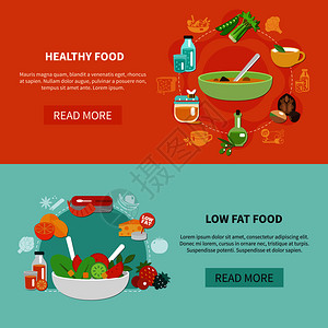 两个健康饮食横幅法律脂肪食品标题阅读更多按钮矢量插图两个健康的饮食横幅套背景图片