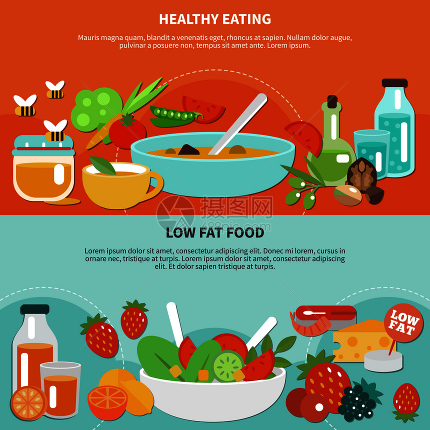 两个健康的饮食平横幅饮料食物由蔬菜水果矢量插图健康饮食平板横幅套图片