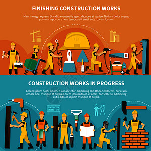 完成进度建筑工人传单与工人工作完成建筑工程工程进度描述矢量插图建筑工人传单套插画