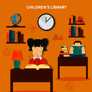 儿童图书馆与男孩女孩阅读书籍,内部元素成黄色背景矢量插图儿童图书馆作文图片