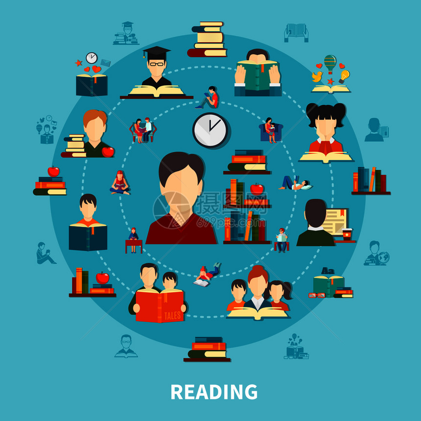 阅读蓝色背景的圆形作文,包括带书的人,书架上的文献,电子文本矢量插图阅读圆形作文图片