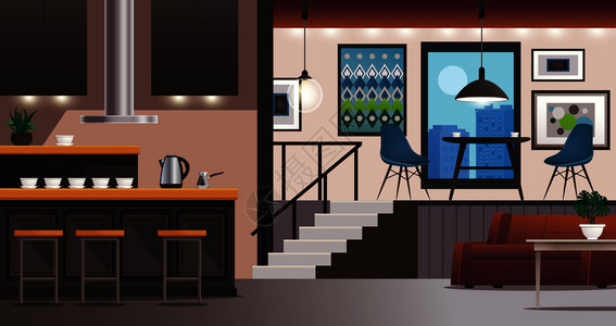 客厅楼梯现代厨房吧台凳子客厅室内与家具照明墙壁装饰矢量插图厨房客厅室内插画