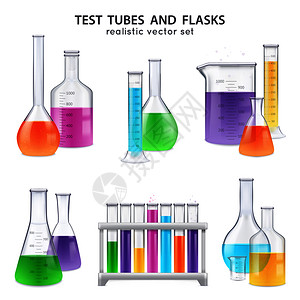 化学实验室璃器皿设备,真实的套试管瓶,用彩色试剂分离矢量插图蒸馏现实的测试管反驳背景图片
